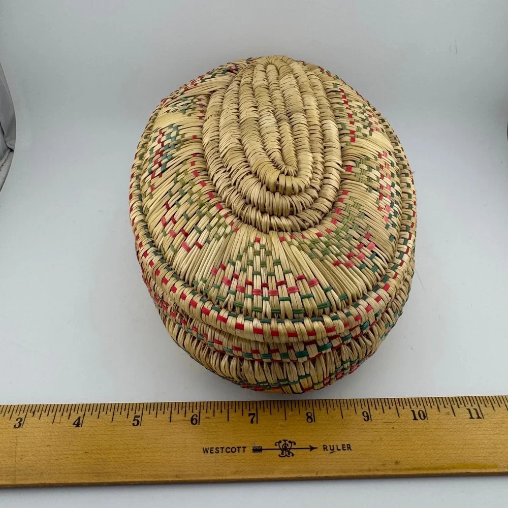 Handmade Woven Lidded Basket Medium Natural Red Green Excellent Boho Oval Decor